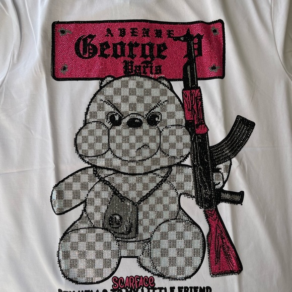 Avenue George V Paris T-Shirt Men's White Shirt Teddy Bear Rhinestone  XL 2XL - Picture 13 of 13